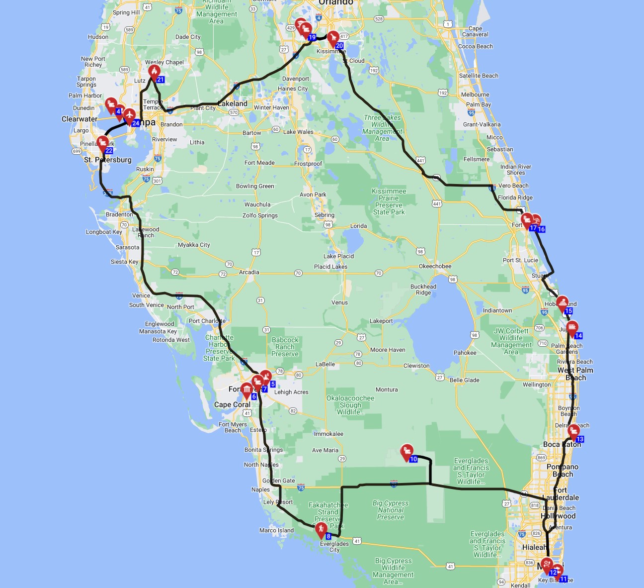 California Motorhome trip route from Tampa USA RV trip planner